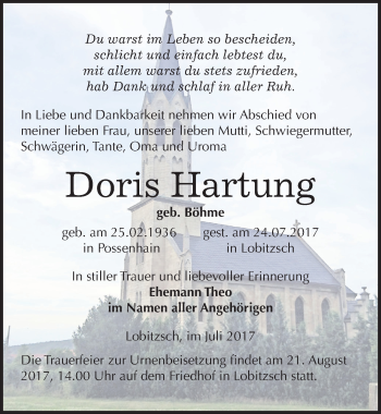 Traueranzeige von Doris Hartung von Mitteldeutsche Zeitung