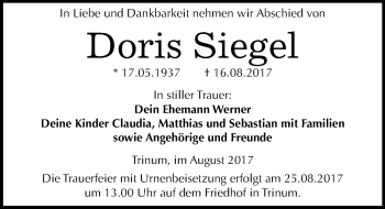 Traueranzeige von Doris Siegel von Mitteldeutsche Zeitung Köthen