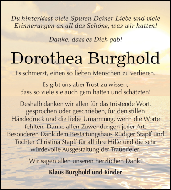 Traueranzeige von Dorothea Burghold von Wochenspiegel Mansfelder Land