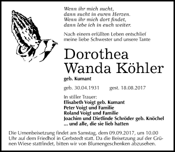 Traueranzeige von Dorothea Wanda Köhler von Mitteldeutsche Zeitung Mansfelder Land