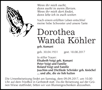 Traueranzeige von Dorothea Wanda Köhler von Wochenspiegel Mansfelder Land