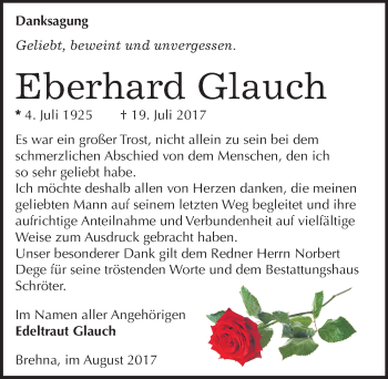 Traueranzeige von Eberhard Glauch von Mitteldeutsche Zeitung Bitterfeld