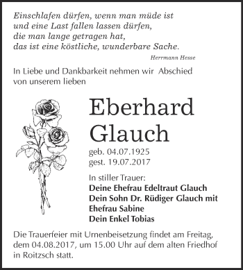 Traueranzeige von Eberhard Glauch von WVG - Wochenspiegel Bitterfeld