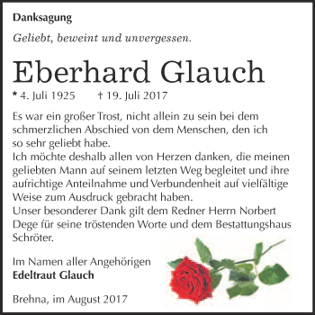 Traueranzeige von Eberhard Glauch von WVG - Wochenspiegel Bitterfeld