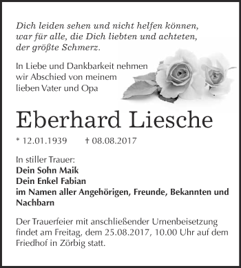 Traueranzeige von Eberhard Liesche von WVG - Wochenspiegel Bitterfeld