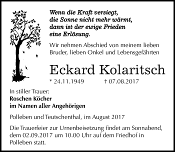 Traueranzeige von Eckard Kolaritsch von Mitteldeutsche Zeitung Mansfelder Land