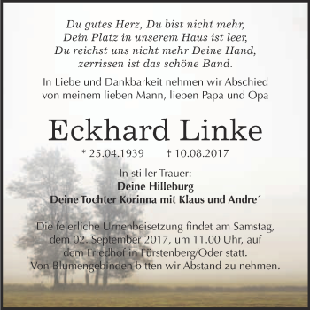 Traueranzeige von Eckhard Linke von WVG - Wochenspiegel Wittenberg