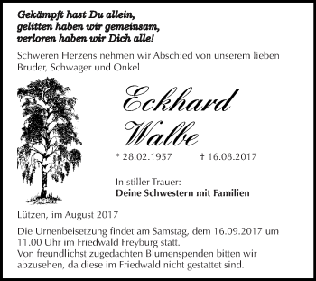 Traueranzeige von Eckhard Walbe von Super Sonntag Merseburg