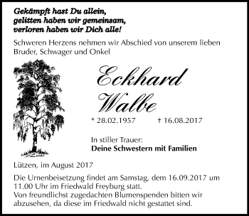 Traueranzeige von Eckhard Walbe von Mitteldeutsche Zeitung Weißenfels