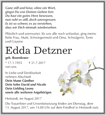 Traueranzeige von Edda Detzner von Mitteldeutsche Zeitung Mansfelder Land