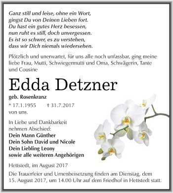 Traueranzeige von Edda Detzner von Wochenspiegel Mansfelder Land
