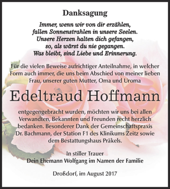 Traueranzeige von Edeltraud Hoffmann von Super Sonntag Zeitz