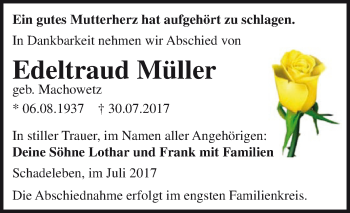 Traueranzeige von Edeltraud Müller von Super Sonntag Aschersleben