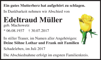 Traueranzeige von Edeltraud Müller von Mitteldeutsche Zeitung Aschersleben