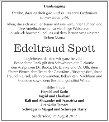 Traueranzeige von Edeltraud Spott von WVG - Wochenspiegel Bitterfeld