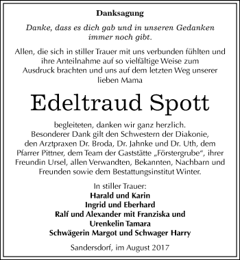 Traueranzeige von Edeltraud Spott von Mitteldeutsche Zeitung Bitterfeld
