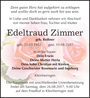 Traueranzeige von Edeltraud Zimmer von Mitteldeutsche Zeitung Naumburg/Nebra