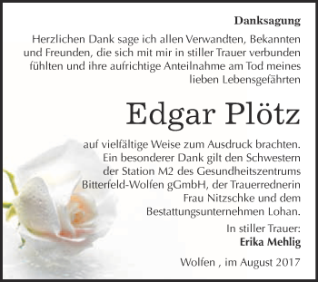 Traueranzeige von Edgar Plötz von WVG - Wochenspiegel Bitterfeld