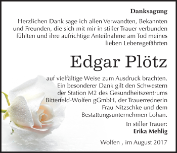 Traueranzeige von Edgar Plötz von Mitteldeutsche Zeitung Bitterfeld