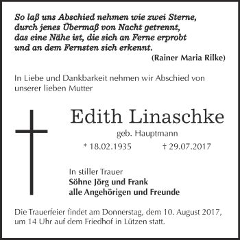 Traueranzeige von Edith Linaschke von WVG - Wochenspiegel NMB / WSF / ZTZ