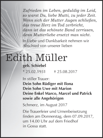 Traueranzeige von Edith Müller von WVG - Wochenspiegel Wittenberg