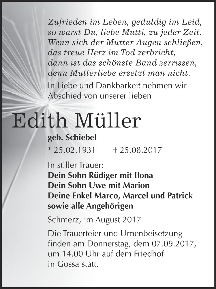  Traueranzeige für Edith Müller vom 30.08.2017 aus WVG - Wochenspiegel Wittenberg