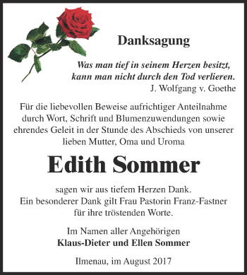 Traueranzeige von Edith Sommer von WVG - Wochenspiegel Dessau / Köthen