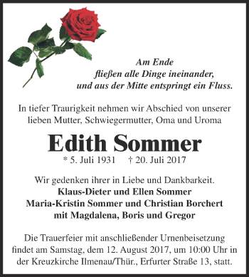 Traueranzeige von Edith Sommer von WVG - Wochenspiegel Dessau / Köthen