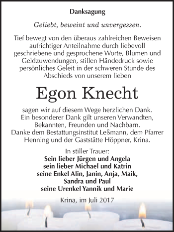 Traueranzeige von Egon Knecht von WVG - Wochenspiegel Bitterfeld