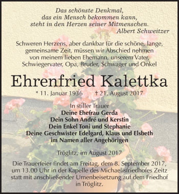 Traueranzeige von Ehrenfried Kalettka von Mitteldeutsche Zeitung Zeitz