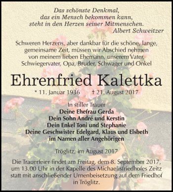Traueranzeige von Ehrenfried Kalettka von Super Sonntag Zeitz