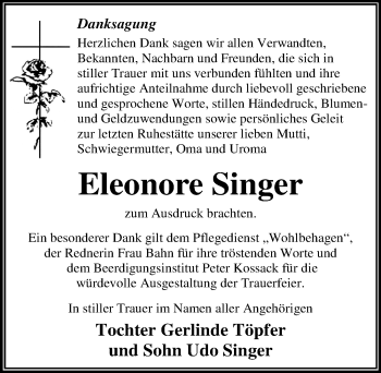 Traueranzeige von Eleonore Singer von Mitteldeutsche Zeitung Dessau-Roßlau
