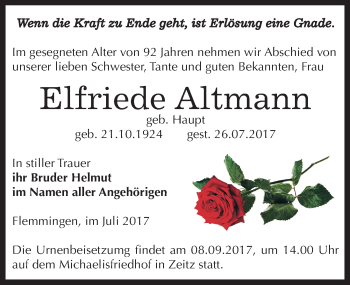 Traueranzeige von Elfriede Altmann von Mitteldeutsche Zeitung Zeitz