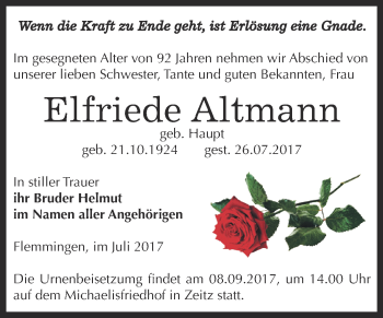 Traueranzeige von Elfriede Altmann von Super Sonntag Zeitz