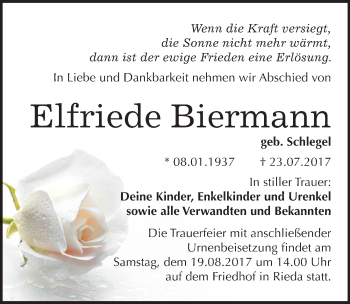 Traueranzeige von Elfriede Biermann von Mitteldeutsche Zeitung Bitterfeld