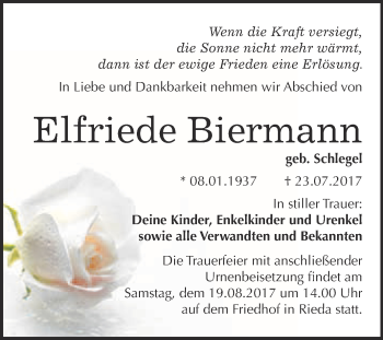 Traueranzeige von Elfriede Biermann von WVG - Wochenspiegel Bitterfeld