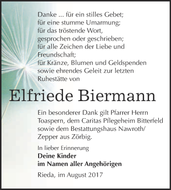 Traueranzeige von Elfriede Biermann von WVG - Wochenspiegel Bitterfeld