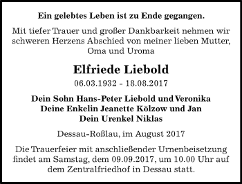 Traueranzeige von Elfriede Liebold von Mitteldeutsche Zeitung Dessau-Roßlau