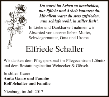 Traueranzeige von Elfriede Schaller von Super Sonntag Bernburg