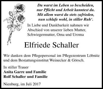 Traueranzeige von Elfriede Schaller von Mitteldeutsche Zeitung Bernburg