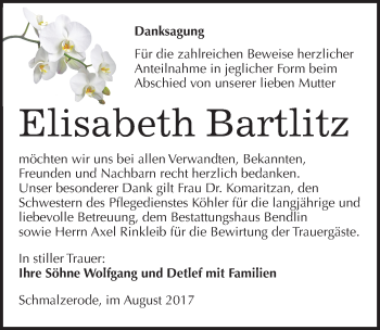 Traueranzeige von Elisabeth Bartlitz von Mitteldeutsche Zeitung Mansfelder Land