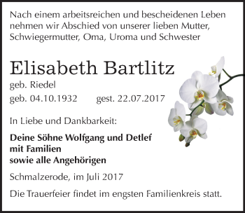 Traueranzeige von Elisabeth Bartlitz von Mitteldeutsche Zeitung Mansfelder Land