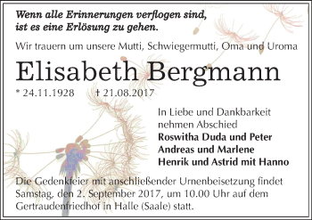 Traueranzeige von Elisabeth Bergmann von Mitteldeutsche Zeitung Halle/Saalkreis
