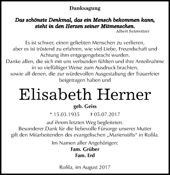 Traueranzeige von Elisabeth Herner von Mitteldeutsche Zeitung Sangerhausen