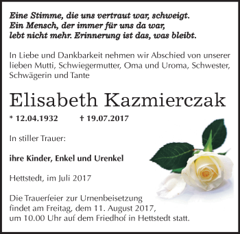 Traueranzeige von Elisabeth Kazmierczak von Mitteldeutsche Zeitung Mansfelder Land