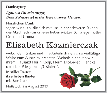Traueranzeige von Elisabeth Kazmierczak von Mitteldeutsche Zeitung Mansfelder Land