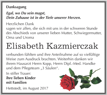 Traueranzeige von Elisabeth Kazmierczak von Wochenspiegel Mansfelder Land