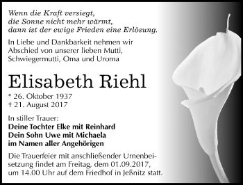 Traueranzeige von Elisabeth Riehl von Mitteldeutsche Zeitung Bitterfeld