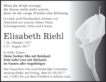 Traueranzeige von Elisabeth Riehl von WVG - Wochenspiegel Bitterfeld
