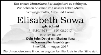 Traueranzeige von Elisabeth Sowa von Mitteldeutsche Zeitung Bitterfeld